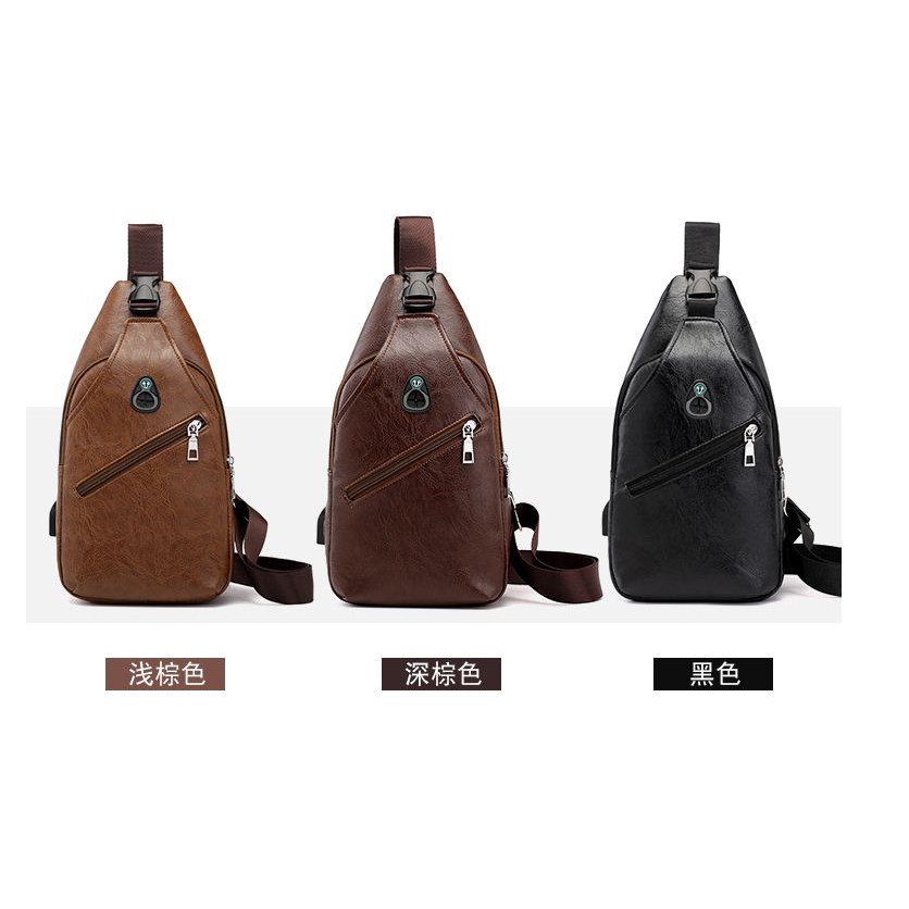 Tas Selempang Pria Kulit Import USB Port Chest bag Sling Bag