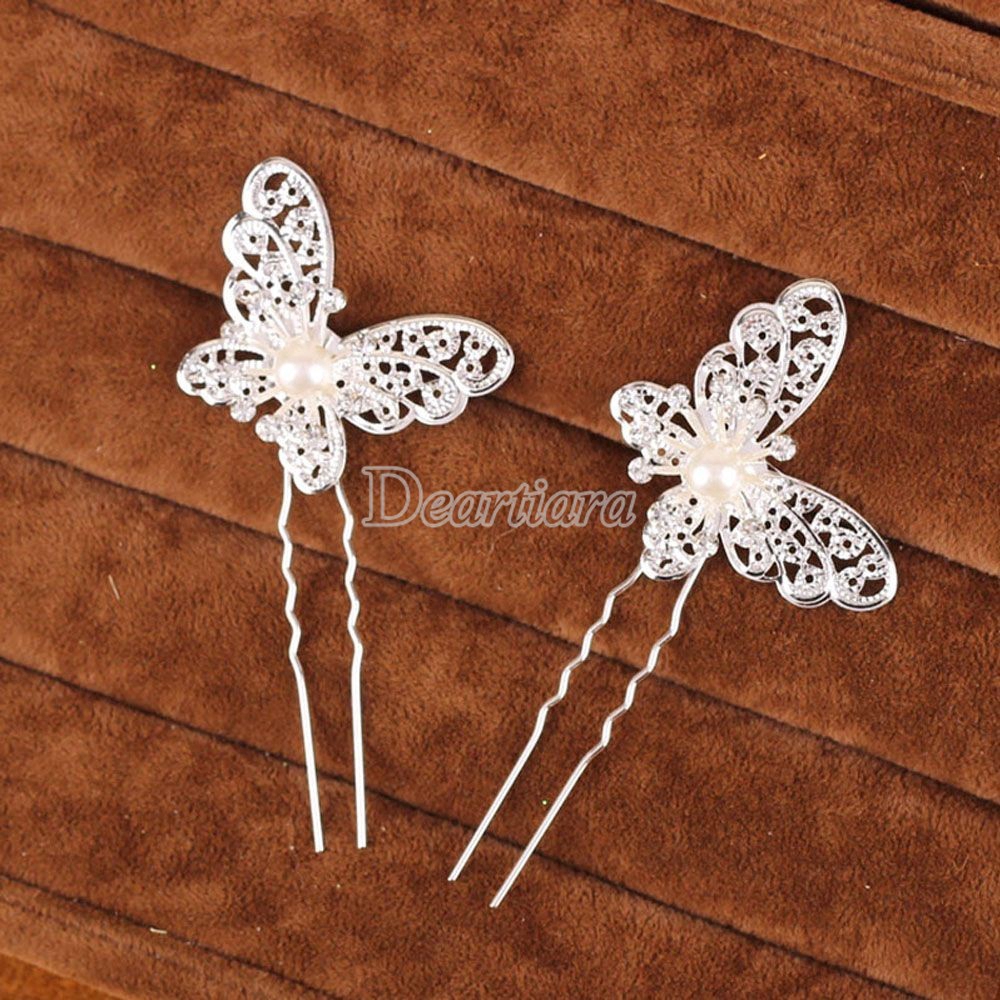 The Bride Accessories Butterfly Fork Sparkling Silver Pearl Hairpin Wedding