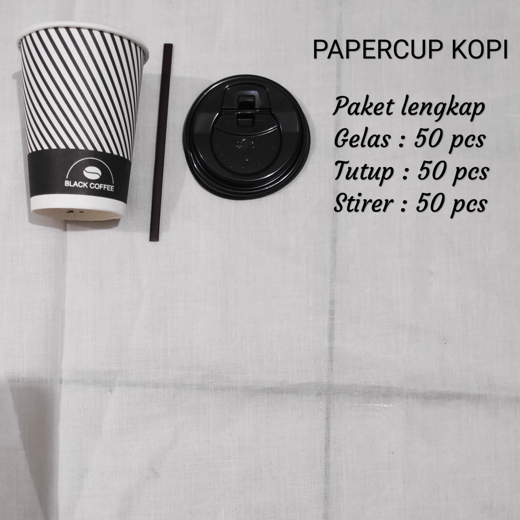 PaperCup Polos + Tutup + Sedotan  (isi 50 pcs) , Gelas Kopi kertas, Gelas kertas, Paper cup Kopi