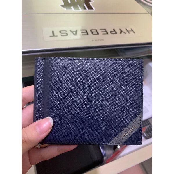 Prada Men's Blue Saffiano Leather Stripe Color Wallet