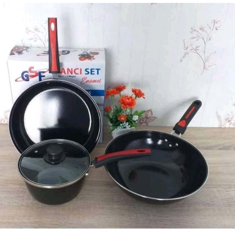Gsf Panci Set 3 Enamel /Panci Set Gsf Tutup Kaca/Panci Set Enamel