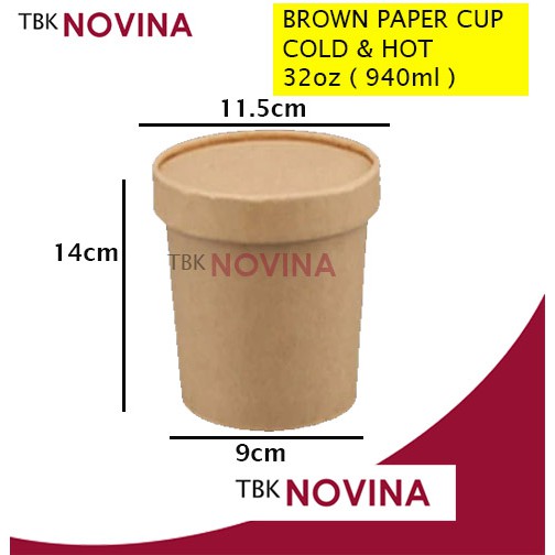 [ECER] Paper Cup 32 oz + Tutup Gelas Es Krim Brown Paper Cup ( Bisa untuk Panas &amp; Dingin)