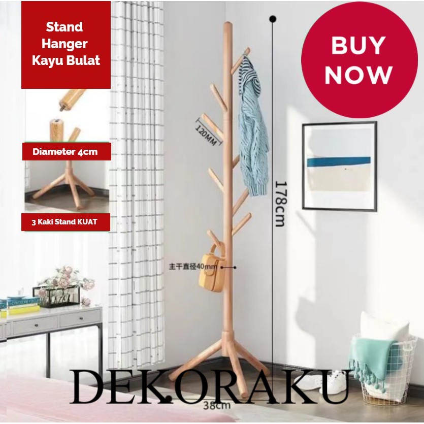 MH178 KAYU BULAT + Stand Hanger / Gantungan Tiang Berdiri / Hanger Gantungan Baju Tas