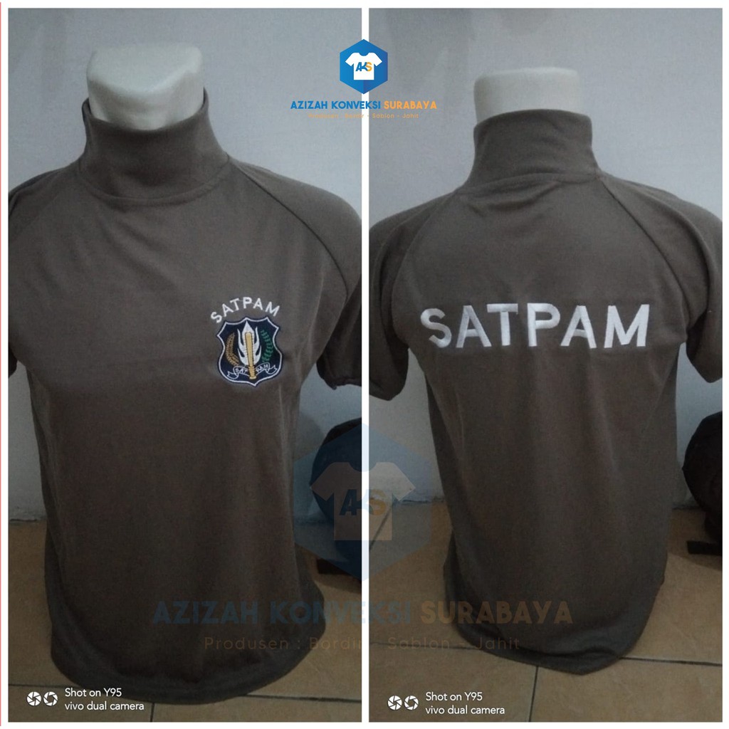 Kaos Satpam Coklat Leher Tinggi Bordir Putih