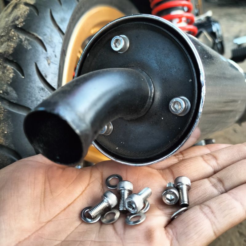 Baut L stainlees sarangan knalpot anti karat isi 3 biji set ring