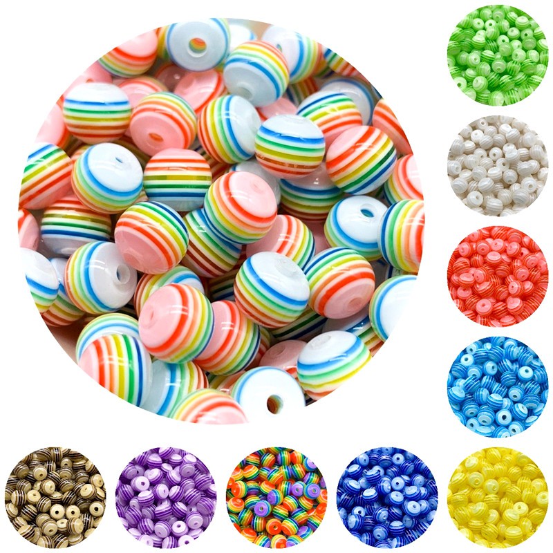 6mm / 8mm Manik-Manik Resin Monokromatik Motif Garis Untuk Membuat Gelang / Perhiasan Diy