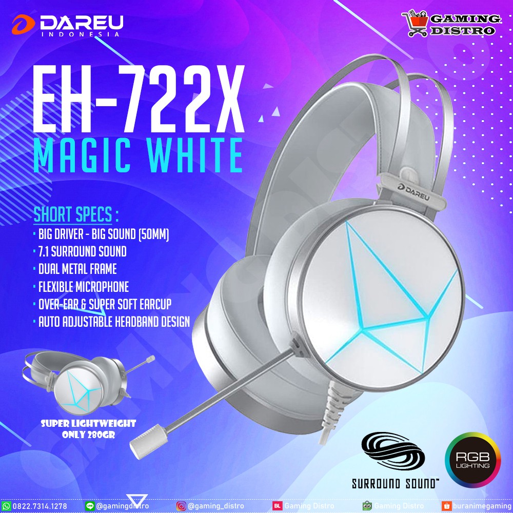 Headset Gaming Dareu EH722s White Edition - Dareu EH-722X Magic White