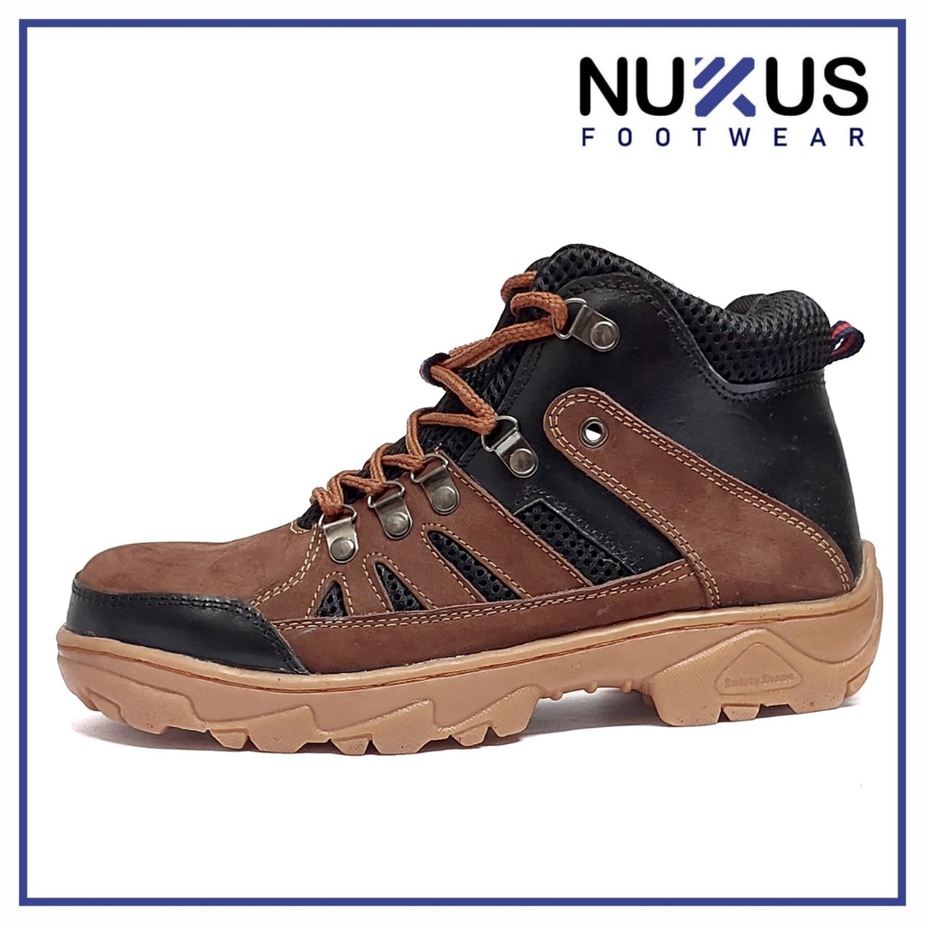 Nukus Footwear Sepatu Safety Shoes Boots High Pria Tali Kulit Sapi Asli Coklat Hitam - BCH 01