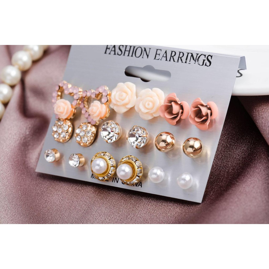 Set anting perempuan 9 pasang bentuk nature flower model korea bagus imut lucu kualitas premium