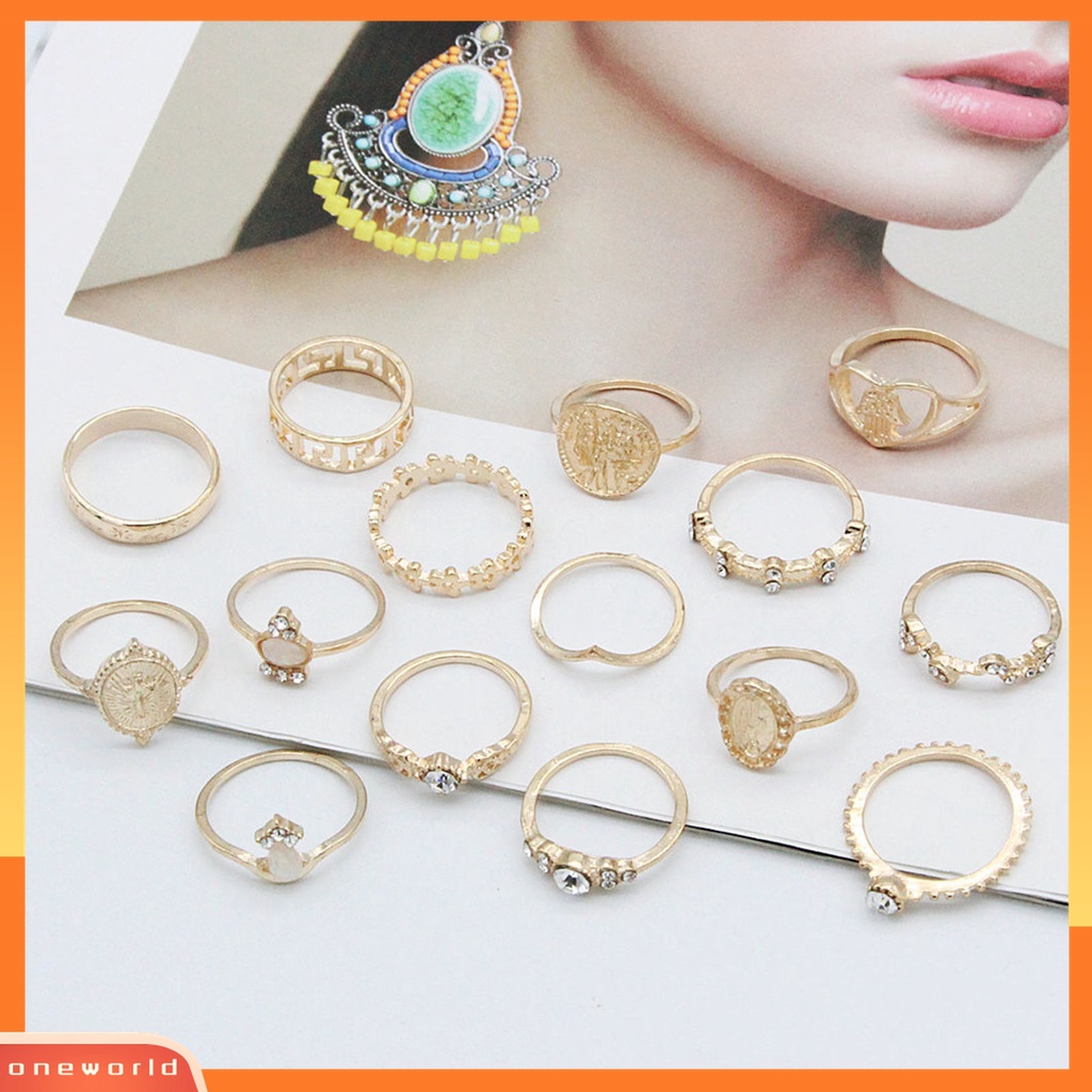 15 Pcs / Set Cincin Jari Bahan Alloy Aksen Kristal Imitasi Bentuk Hati Artistik Untuk Pemakaian Sehari-Hari