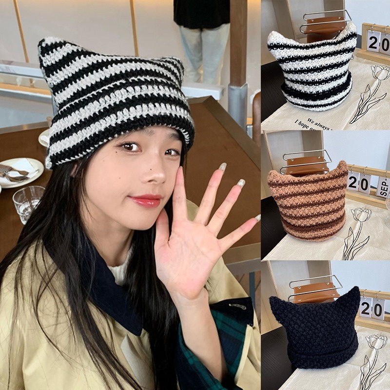 Topi Kupluk Wol Hangat Elastis Motif Garis Aksen Telinga Kucing Lucu Untuk Wanita