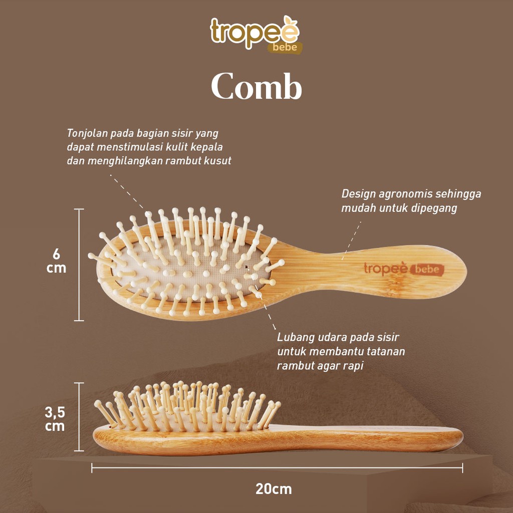 TROPEE BEBE Bamboo Hairbrush &amp; Comb Set / Sisir Bamboo With Natural Bamboo Pins &amp; 100% Goat's Hair