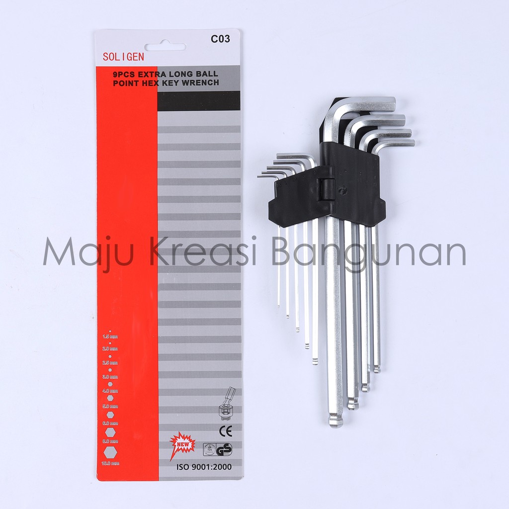 Kunci L Panjang Set SOLIGEN C03 9 Pcs Bengkel Long Ball Point Hex Key Wrench 9Pcs Buah