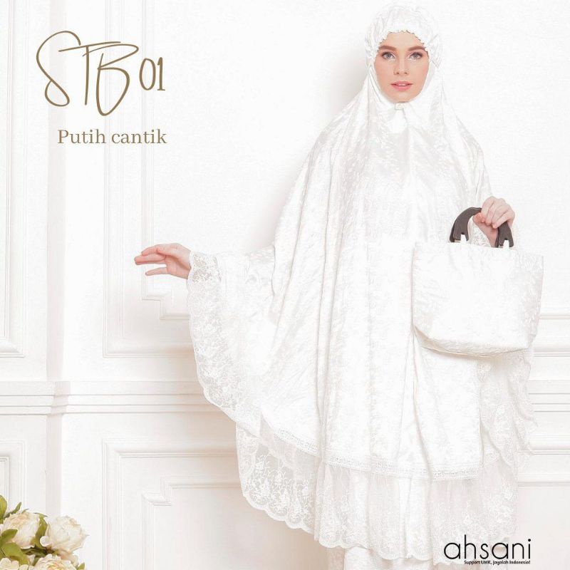 AHSANI MUKENA STB01 MUKENA DEWASA MUKENA PUTIH TELEKUNG JUMBO MUKENA HANTARAN MUKENA SUTRA