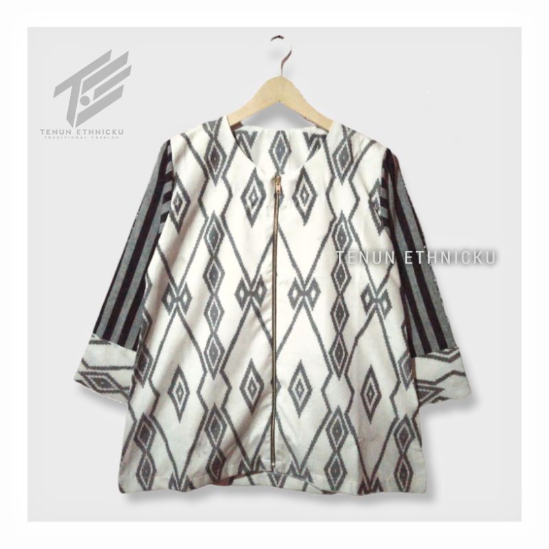 Baju Wanita Blouse Tenun Semi Blazer Tenun Rewoven Motif Terbaru Kombinasi Lengan Lurik - Tenun Ethn