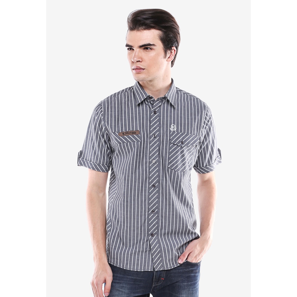 Johnwin - Kemeja Casual Lengan Pendek - Motif garis-garis - Abu-abu - Free keychain
