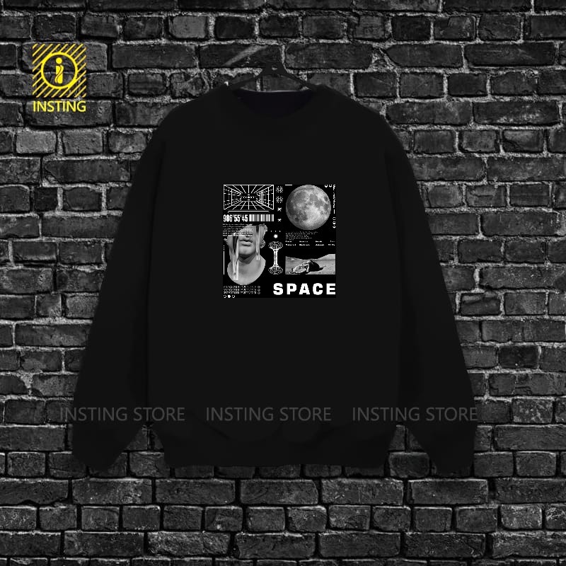 SWEATER CREWNECK DEWASA KEKINIAN, SWEATER SPACE, SWEATER STONES HITAM PRIA DAN WANITA