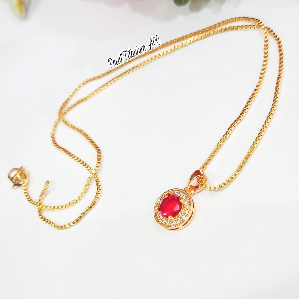 Kalung TITANIUM Permata Semi Diamond Ruby Red Logam Emas 18K Anti Karat Tidak Luntur