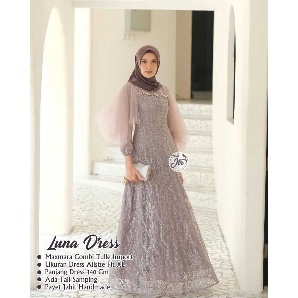 dres luna terbaru bahan mix brokat lengan panjang