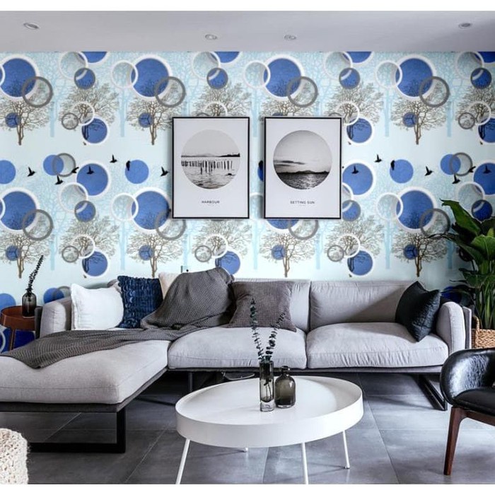 Wallpaper Dinding Murah Dekorasi Kamar Tidur Polkadot 3D Biru Pohon WPS802 Walpaper Stiker Tembok Ru