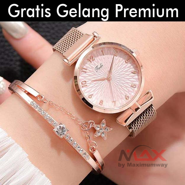 TADI Jam Tangan Wanita Bonus Gelang Premium Rantai Stainless Steel with Bracelet anti karat tahan lama 2022 Luxury Women Bracelet Quartz Watches For Women Magnetic Watch Set Ladies Dress Pink Dial Wrist Watch Clock Fashion Women Watches Luxury Leather