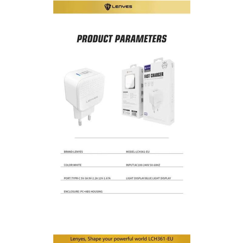 LENYES LCH361 adaptor charger PD 20W FAST CHARGING 3.0A Power Delivery Port Type C Batok Kepala Cas HP original