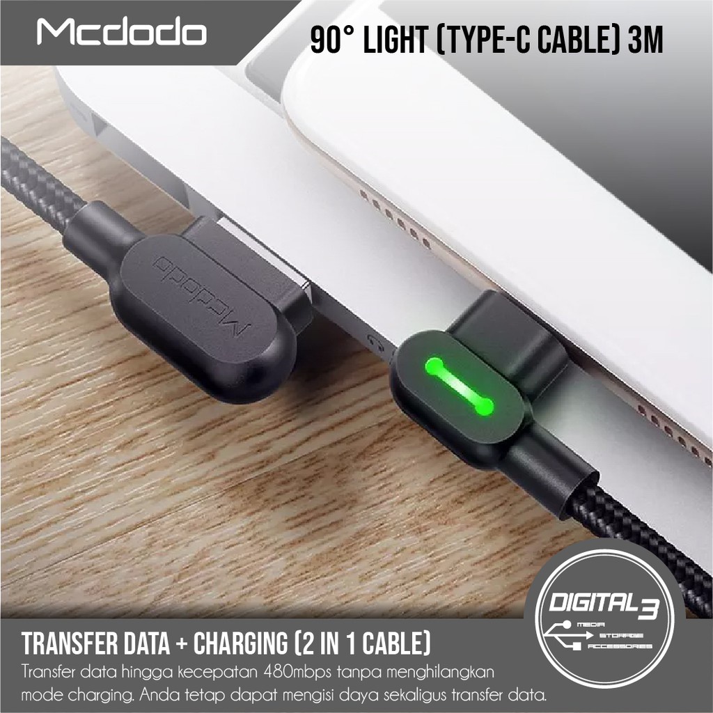 Cable Gaming MCDODO Type C Led 90 Fast Charging 2A Kabel Charger 1.2 Meter CA-5281