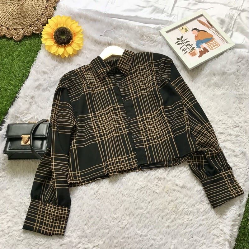 Kemeja Wanita Crop Motif Tartan Oversize / Hana Blouse shirt Tartan Crop