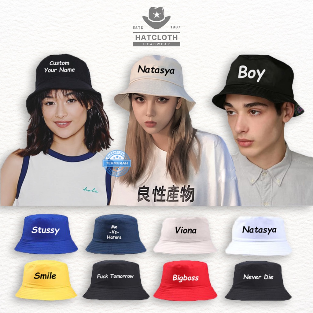 Topi Bucket Hat Dewasa Custom Bordir Nama Bahan Drill