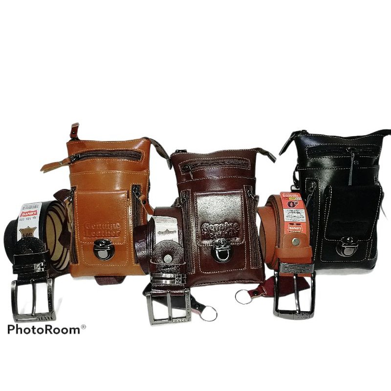 SEPAKAT Ikat Pinggang Kulit Pria + Tas hp selempang