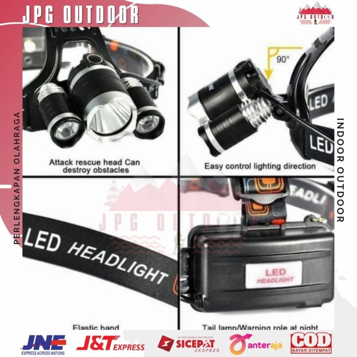 Headlamp Outdoor Headlight Senter Kepala 3 LED Cree XM-L T6 10000 Lumens include Baterai dan Charger