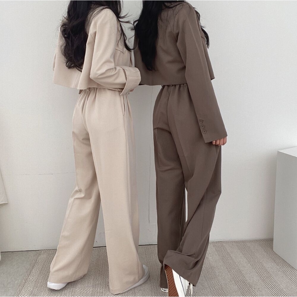 Setelan Wanita Kekinian Korean Style Celana Kulot Highwaist Loose/Blazer Crop Lengan Panjang One Set Import