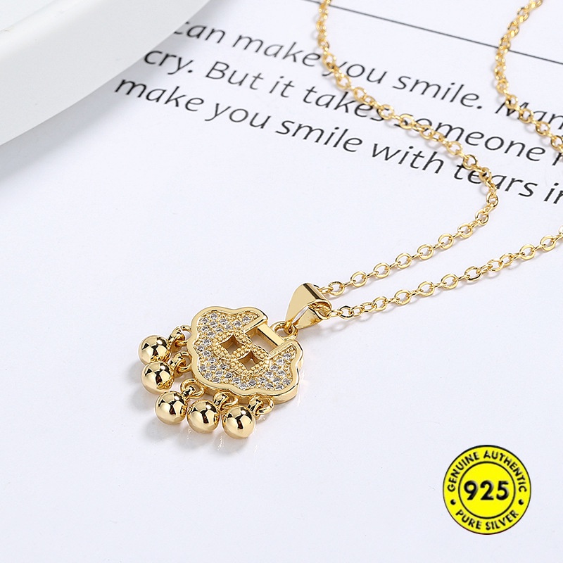 Kalung Rantai Klavikula S925 Silver Gold Plated 18K Hias Liontin Gembok Hati Berlian Untuk Wanita