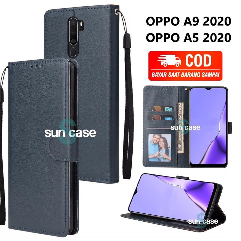 Terlaris Casing OPPO A9 2020 / A5 2020 model flip buka tutup case kulit ada tempat foto dan kartu juga tali hp flip cover