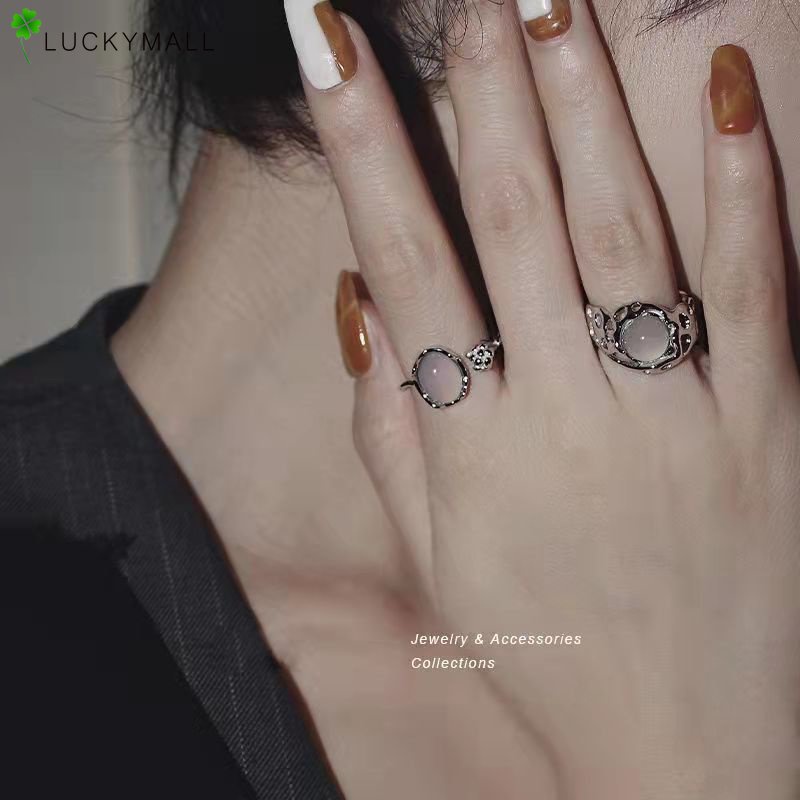 Cincin Model Terbuka Desain Bunga Opal Warna Silver Untuk Wanita