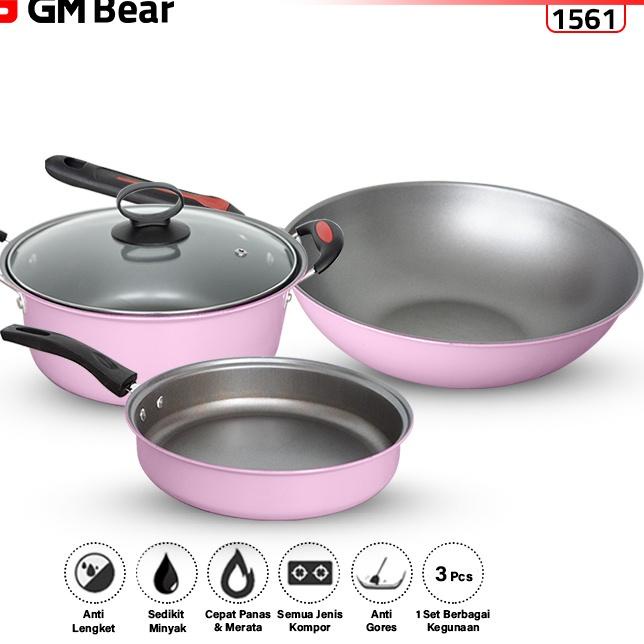 Telah Hadir.. GM Bear Panci Wajan Teflon Set 3 pcs 1561 - Arria Panci Teflon Penggorengan Set Pink