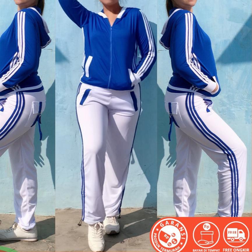 Tren terbaru>> Setelan Baju Senam Lapangan Training Biru Putih Zumba Aerobik Hijab Cycling Fitness O