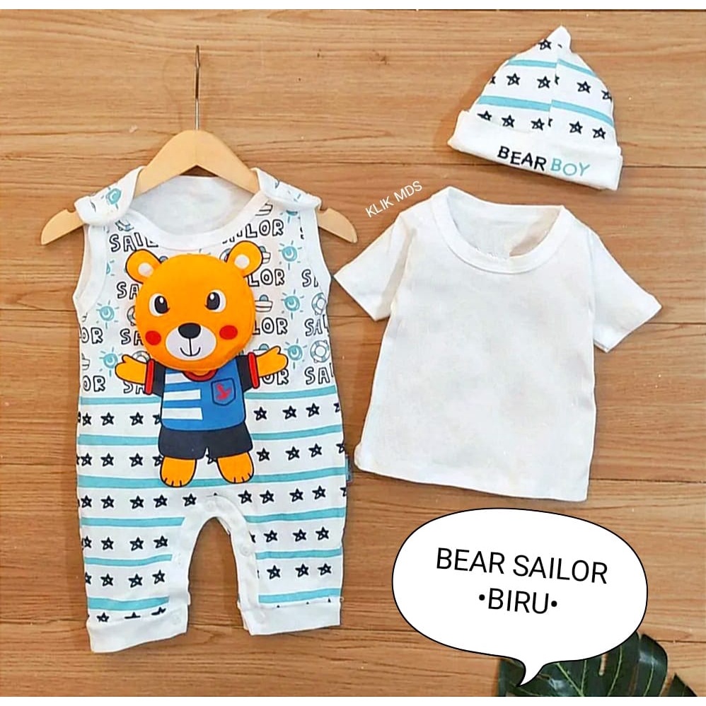 Jumper Bayi Laki-Laki 0-6 Bulan / Baju Anak Bahan Kaos Free Inner Dan Topi Motif Bear Sailor