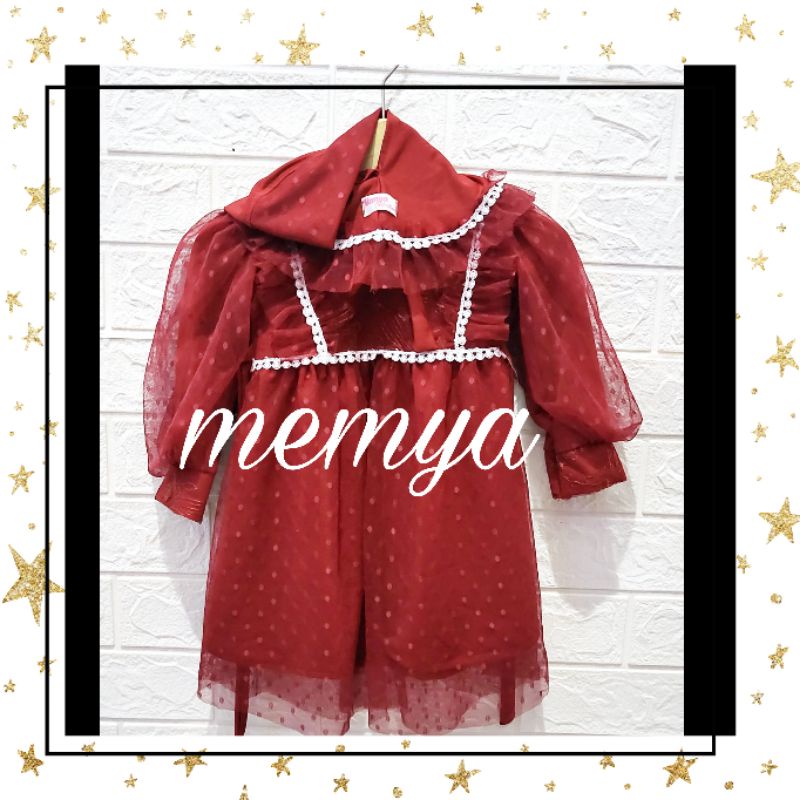 Baju Gamis busana muslim aqiqah polkadot tile dot tulle polka brokat brukat anak bayi baby perempuan newborn set hijab-Maroon
