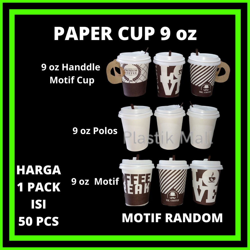 Paper Hot Cup Gelas Kertas 9 oz 240 ml Motif dan Polos Coffee + Tutup + Stirrer isi 50 pcs / Paper C