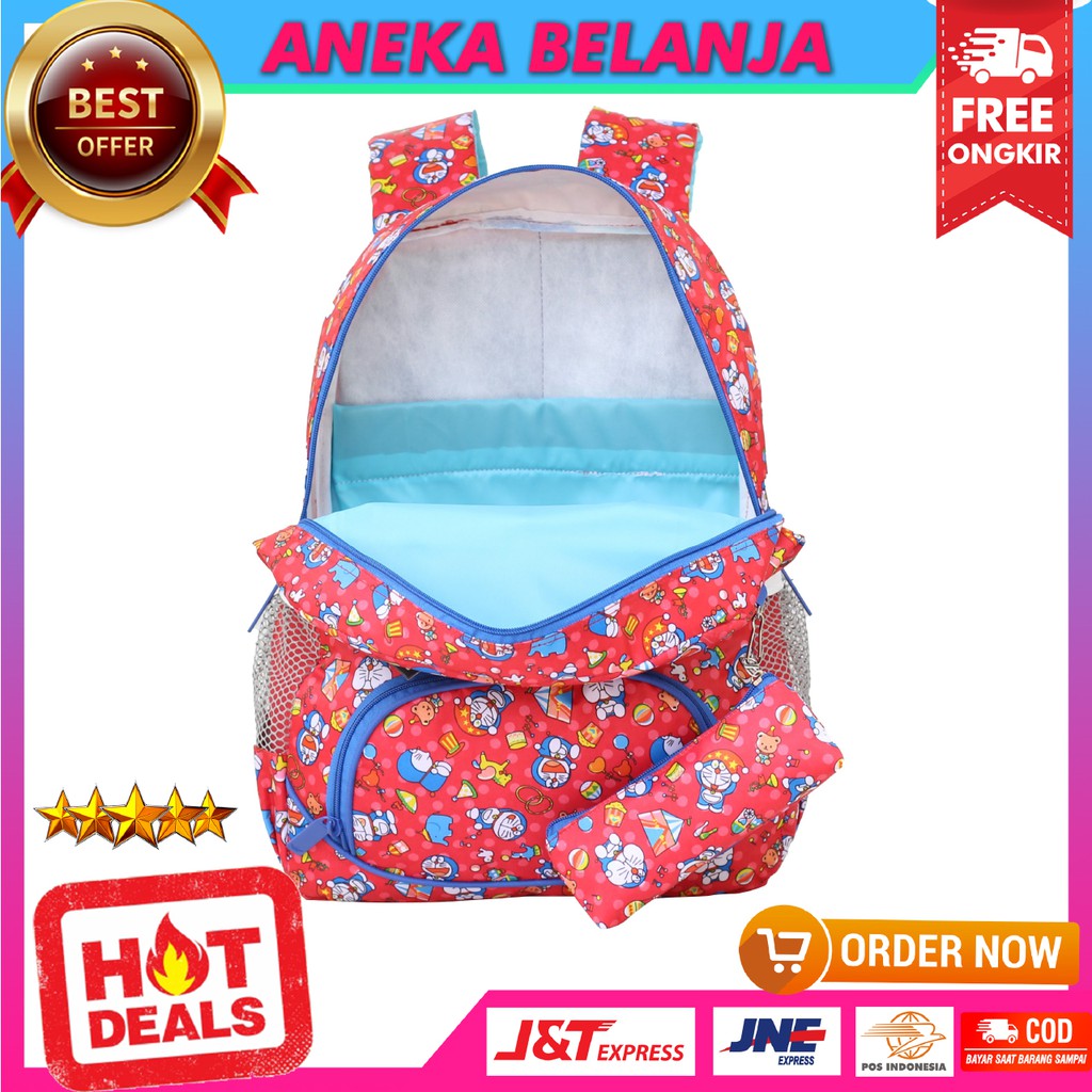 Tas Ransel Sekolah Anak Cewek Rebound Motif Doraemon Warna Merah Lucu Imut Harga Ekonomis Free Raincover