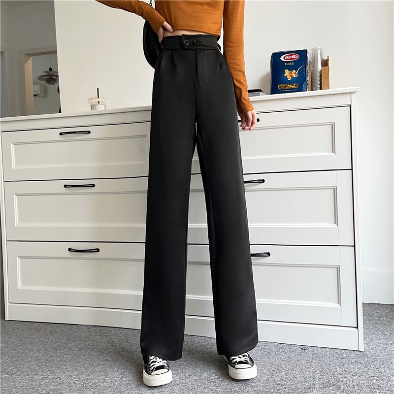 yikoo-Celana panjang dua kancing setelan high waist pants casual wanita