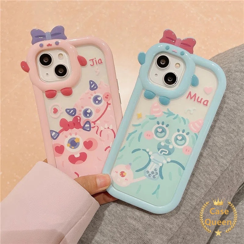 Case OPPO A7 A17 A17 A5S A12 A16 A57 A55 A9 A15s A54 A15 A5 A16s A3S A12E A53 A74 A17K A95 A16K A16E A52 A92 A96 A76 Reno 5F 4F A31 Kartun Monster Bow-knot Monster Kecil Tutup Lensa