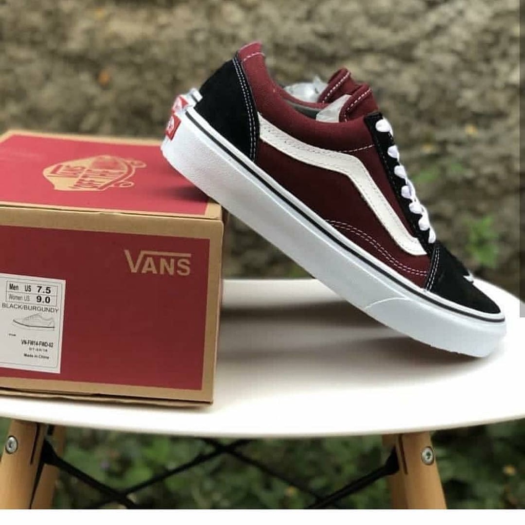 Sepatu Vans Oldskool Maron White Sneakers Pria Kets Hitam Merah tua Putih Kado Hadiah Sekolah Kuliah Kerja