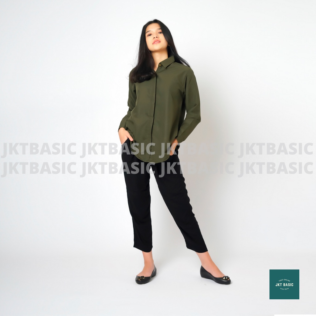 Kemeja Wanita Kasual Lengan Panjang Oversize Hijau Army-1