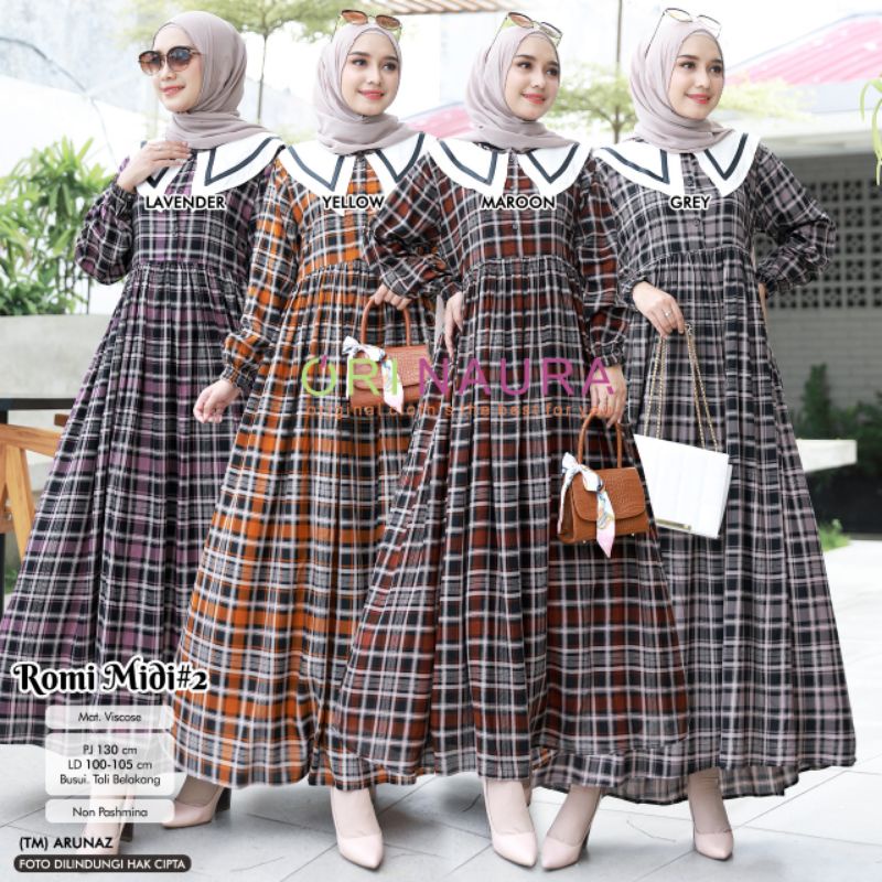 Gamis Midi Dres LD 100 - 105 cm Panjang 125 - 130 cm Size XL Viscose Motif Kotak Kotak Ori Naura