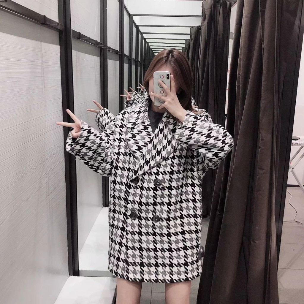 Coat Wanita Motif Lengan Panjang Long Blazer Korea Houndstooth Coat