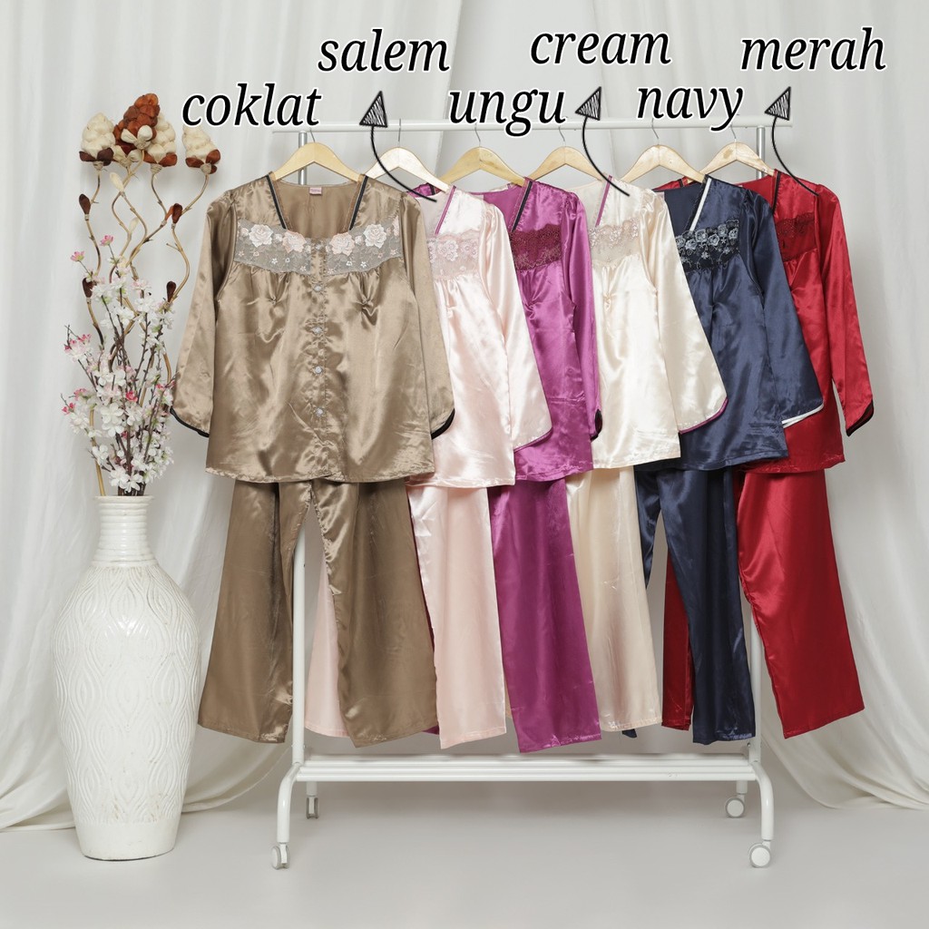 Baju Tidur Piyama Panjang Bahan Satin Model Brokat Terbaru YJ 23