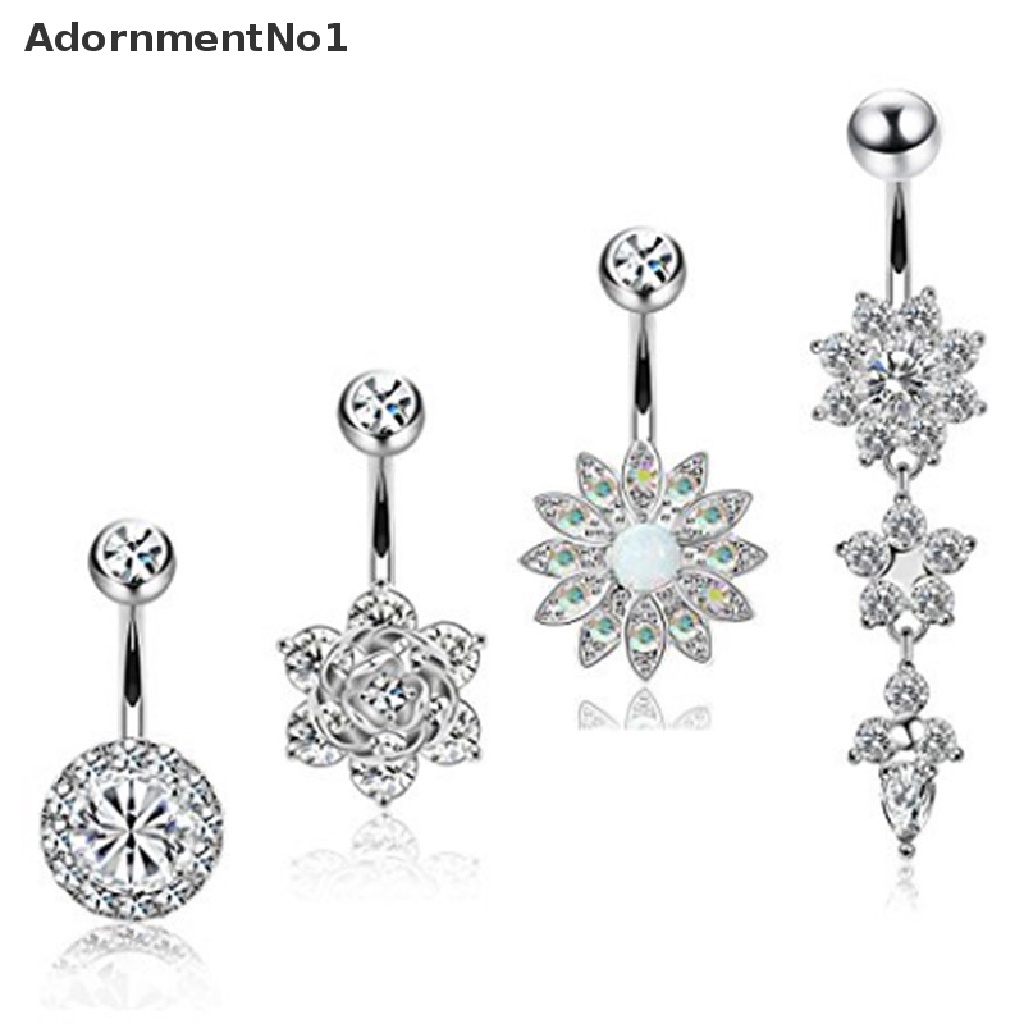 (AdornmentNo1) 6pcs / Set Anting Tindik Perut / Pusar Model Gantung Bahan Stainless Steel Hias Kristal Untuk Wanita