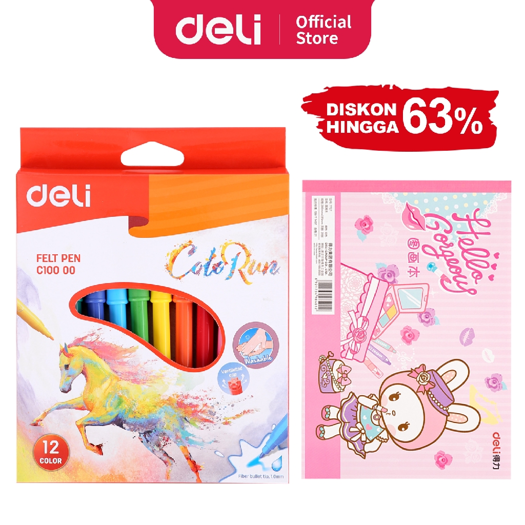 

Deli super combo Spidol 12 Warna Tidak beracun Warna Cerah with Sketch book